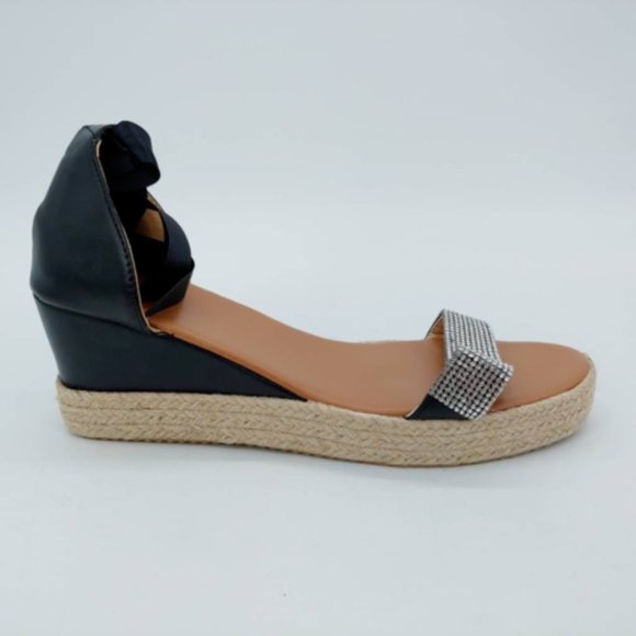 Yasirun Womens Espadrilles Sandals Black Tie Wedge Heels Rhinestone EUR 42 - Picture 1 of 9